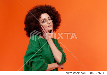 Profile portrait of beautiful woman with Afro hairstyle in green casual style sweater and eyeglasses, looking at camera, touching her face, skin care. Indoor studio shot isolated on orange background. Profile portrait of beautiful woman with Afro hairstyle in green casual style sweater and eyeglasses, looking at camera, touching her face, skin care. Indoor studio shot isolated on orange background. 86057611