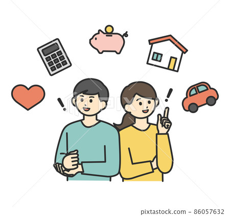 年輕男女正在思考未來金錢的插圖素材 年輕男女正在思考未來金錢的插圖素材 86057632