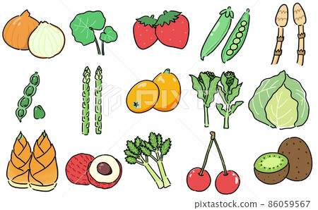 春季美味時令蔬菜、水果和野生植物的插圖 86059567