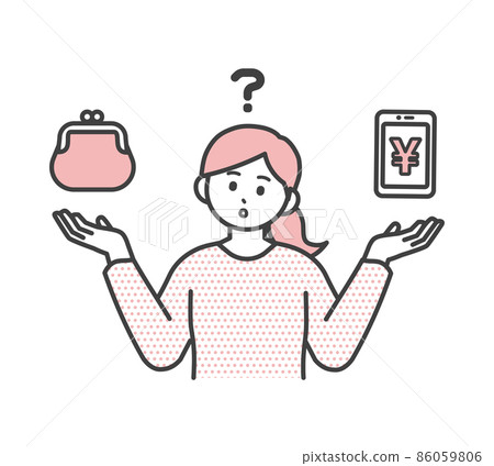 一位年輕女性想知道智能手機支付或現金支付方式的插圖素材 86059806