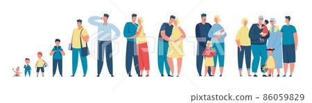 Family life stages, man in different ages, male character growing up. Newborn, child, teenager, adult, elderly man, aging process vector set Family life stages, man in different ages, male character growing up. Newborn, child, teenager, adult, elderly man, aging process vector set 86059829