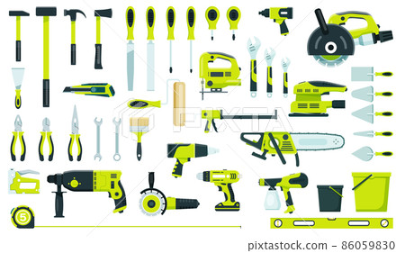 Working tools of set, ax hammer, drill, screwdriver, saw Working tools of set, ax hammer, drill, screwdriver, saw 86059830