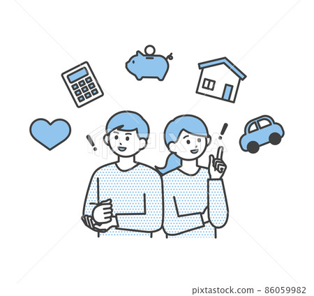 Illustration material that young men and women are thinking about future money 86059982