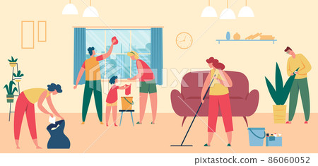 People cleaning home together, wash window and floor People cleaning home together, wash window and floor 86060052