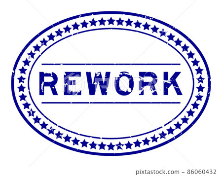 Grunge blue rework word oval rubber seal stamp on white background 86060432
