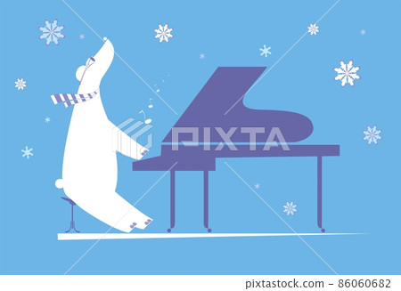 Funny bear a pianist isolated illustration. Cartoon polar bear is playing music on piano and singing under the falling snow white on blue background 86060682