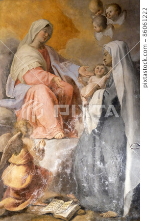 The Virgin Appearing to S. Francesca Romana altarpiece by Francesco Cozza in Chapel of St Michael the Archangel, Basilica di Sant Andrea delle Fratte, Rome, Italy 86061222