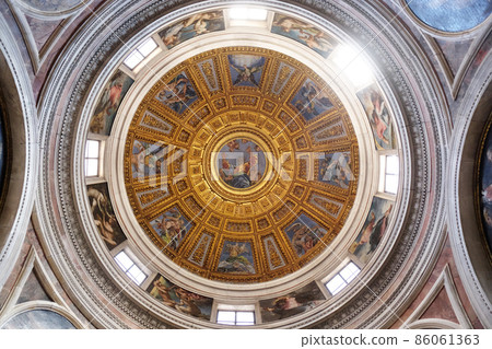 The cupola in Chigi chapel designed by Raphael, painting of the creation story by Francesco Salviati in Church of Santa Maria del Popolo, Rome, Italy The cupola in Chigi chapel designed by Raphael, painting of the creation story by Francesco Salviati in Church of Santa Maria del Popolo, Rome, Italy 86061363
