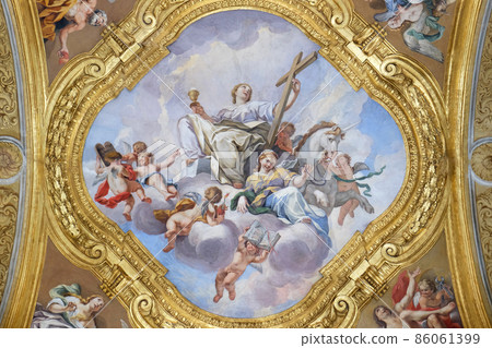 The fresco of virtues on the little cupola of side nave in Basilica dei Santi Ambrogio e Carlo al Corso by Pio Paolini, Rome, Italy The fresco of virtues on the little cupola of side nave in Basilica dei Santi Ambrogio e Carlo al Corso by Pio Paolini, Rome, Italy 86061399