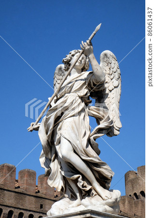 Statue of Angel with the Lance by Domenico Guidi, Ponte Sant Angelo in Rome, Italy Statue of Angel with the Lance by Domenico Guidi, Ponte Sant Angelo in Rome, Italy 86061437