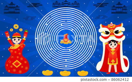 Printable worksheet with circle maze with cute kids in traditional chinese costumes dancing lion dance 86062412
