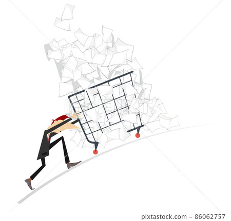 Hard working man concept illustration. Businessman pulls a trolley full of papers isolated on white background 86062757