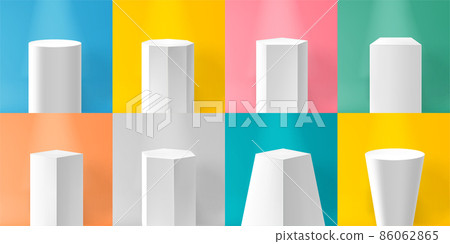 Realistic white pedestal. Empty podium and product platform, base, stage and pillar. Vector column set marble white realistic geometric pedestal 86062865