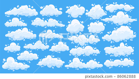Cartoon clouds. Cute simple summer clouds on blue sky, flat white game elements. Vector set images aerial clouds heavenly space 86062888