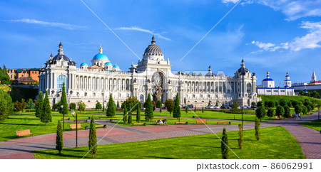 Panorama of Kazan in summer, Tatarstan, Russia. Scenic view of beautiful Farmers Palace. 86062991