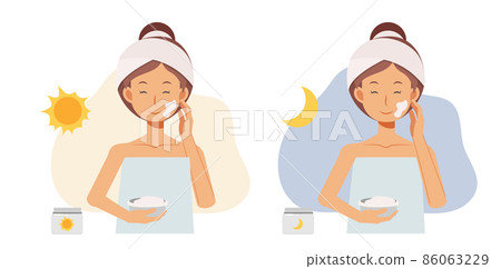 facial skin treatment concept. woman using day ceram and night cream. flat vector cartoon character illustration. facial skin treatment concept. woman using day ceram and night cream. flat vector cartoon character illustration. 86063229