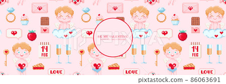 Lovely Seamless pixel art pink background. Valentine day pattern design for web banner, promo page, decoration. 90s 8 bit game mosaic style cupid, champagne, jewelry, declarations of love. Vector. 86063691