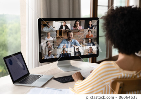 Focused young African American woman holding video conference call. 86064635