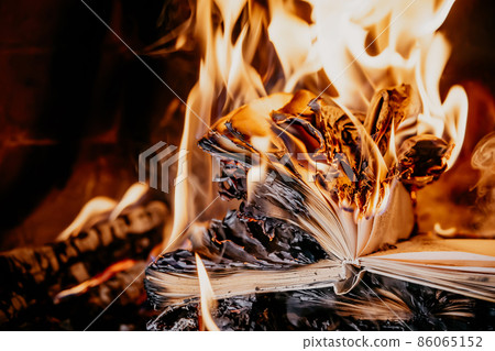 Old open book is burning. Big bright flame on papers. Destruction of diary in fireplace 86065152