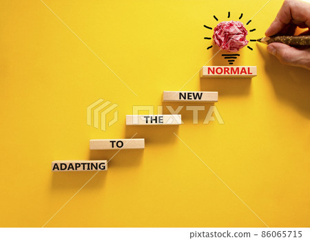 Adapting to the new normal symbol. Wooden blocks with words Adapting to the new normal on beautiful yellow background, copy space. Businessman hand, light bulb icon. Business, new normal concept. 86065715