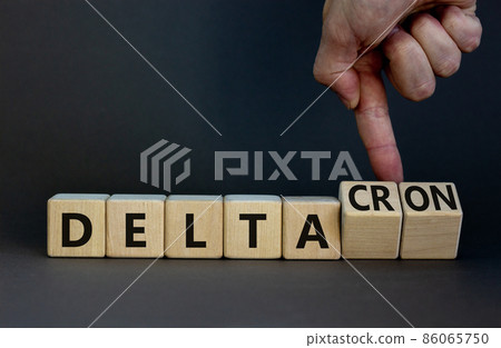 Covid-19 delta and deltacron symbol. Doctor turns cubes and changes the word delta to deltacron. Beautiful grey background. Medical, covid-19 corona delta and deltacron concept. Copy space. Covid-19 delta and deltacron symbol. Doctor turns cubes and changes the word delta to deltacron. Beautiful grey background. Medical, covid-19 corona delta and deltacron concept. Copy space. 86065750