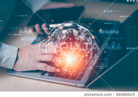 Metaverse with business concept, man using computer and touch virtual globe with financial icons future technology, business goals, online communication,graph Screen Icon of a media screen,big data 86066029