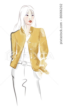 Beautiful asian fashion model posing in yellow jacket against white background Beautiful asian fashion model posing in yellow jacket against white background 86066202