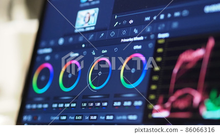 Color grading graph or RGB colour correction indicator on monitor in post production process. Telecine stage in video or film production processing. for colorist edit or adjust color on digital movie. 86066316