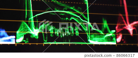 Color grading graph or RGB colour correction indicator on monitor in post production process. Telecine stage in video or film production processing. for colorist edit or adjust color on digital movie. 86066317