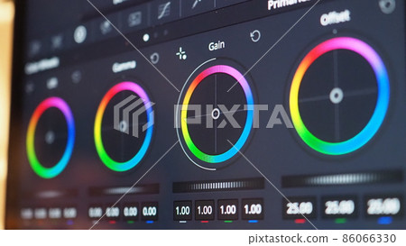 Color grading graph or RGB colour correction indicator on monitor in post production process. Telecine stage in video or film production processing. for colorist edit or adjust color on digital movie. 86066330