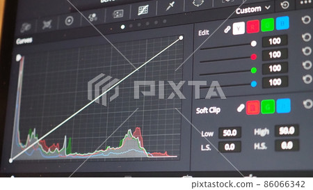 Color grading graph or RGB colour correction indicator on monitor in post production process. Telecine stage in video or film production processing. for colorist edit or adjust color on digital movie. 86066342