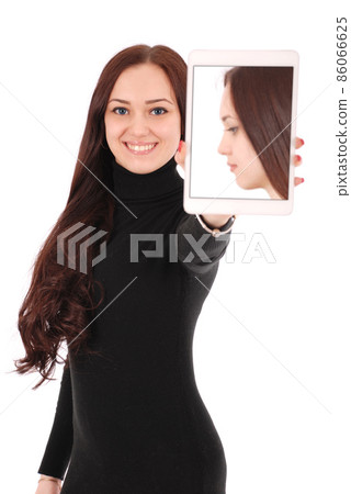 Smiling student teenage girl showing a tablet display application Smiling student teenage girl showing a tablet display application 86066625