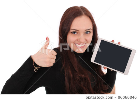 Happy student teenage girl with tablet pc, holding thumb up Happy student teenage girl with tablet pc, holding thumb up 86066846