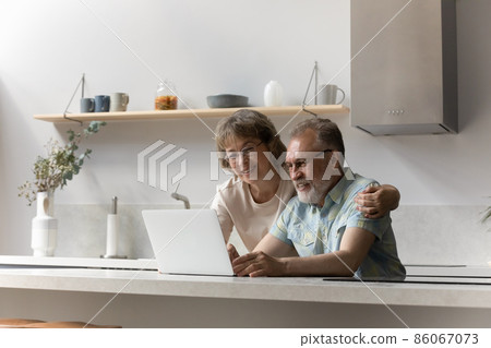 Happy bonding mature couple using laptop at home. 86067073