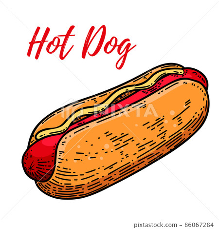 Illustration of hot dog in engraving style. Design element for logo, label, emblem, sign, badge. Vector illustration Illustration of hot dog in engraving style. Design element for logo, label, emblem, sign, badge. Vector illustration 86067284