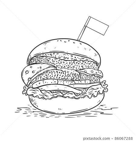 Illustration of burger in engraving style. Design element for logo, label, emblem, sign, badge. Vector illustration 86067288
