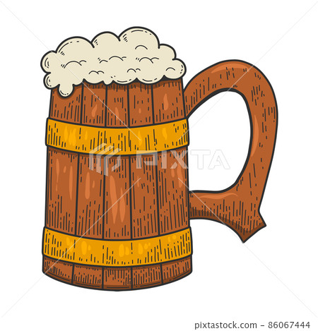 Illustration of retro wooden mug of beer in engraving style. Design element for logo, label, emblem, sign. Vector illustration Illustration of retro wooden mug of beer in engraving style. Design element for logo, label, emblem, sign. Vector illustration 86067444