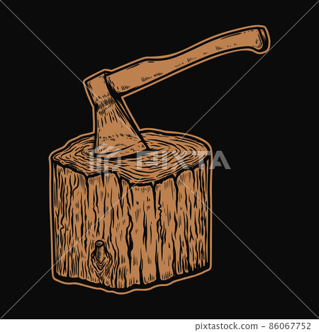 Illustration of lumberjack ax in a wooden deck in engraving style. Design element for emblem, sign, poster, card, banner, flyer. Vector illustration 86067752