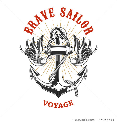Illustration of vintage anchor with swallows in engraving style. Design element for logo, label, sign, poster, t shirt. Vector illustration 86067754
