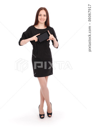Happy student teenage girl keeps tablet pc Happy student teenage girl keeps tablet pc 86067917