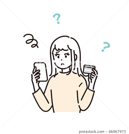 Illustration material of a woman who is worried by checking the usage details of the card on a smartphone 86067973