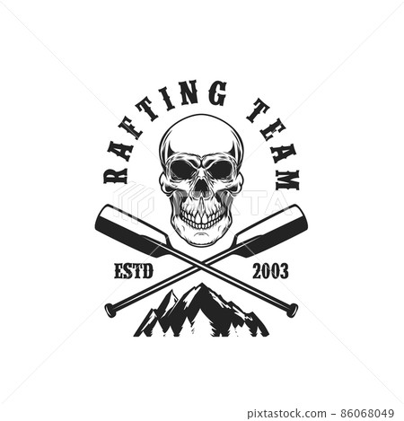 Rafting team. Emblem template with skull, crossed paddles and mountain. Design element for poster, card, banner, flyer, t shirt. Vector illustration Rafting team. Emblem template with skull, crossed paddles and mountain. Design element for poster, card, banner, flyer, t shirt. Vector illustration 86068049