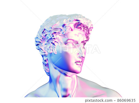 Purple shiny metal head of David sculpture, 3D rendered 86069635