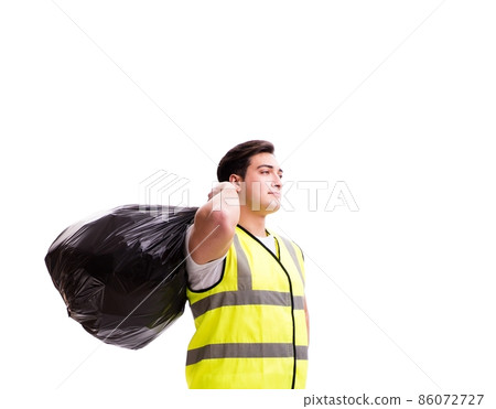 Man with garbage sack isolated on white Man with garbage sack isolated on white 86072727
