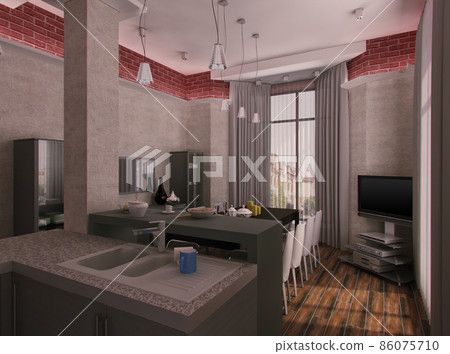 Townhouse in loft style. Interior design kitchen for home. 3d render kitchen and living room for inspiration 86075710