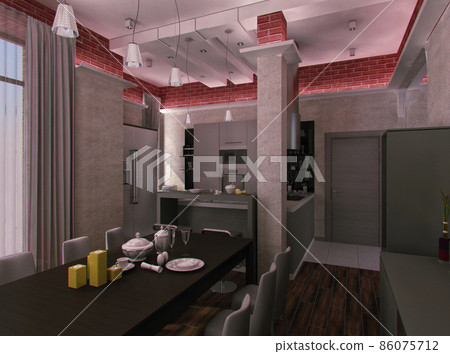 Townhouse in loft style. Interior design kitchen for home. 3d render kitchen and living room for inspiration Townhouse in loft style. Interior design kitchen for home. 3d render kitchen and living room for inspiration 86075712