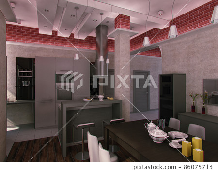 Townhouse in loft style. Interior design kitchen for home. 3d render kitchen and living room for inspiration Townhouse in loft style. Interior design kitchen for home. 3d render kitchen and living room for inspiration 86075713