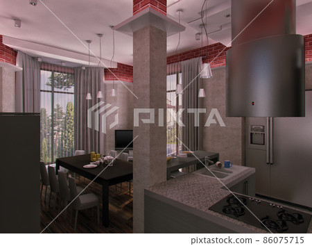 Townhouse in loft style. Interior design kitchen for home. 3d render kitchen and living room for inspiration Townhouse in loft style. Interior design kitchen for home. 3d render kitchen and living room for inspiration 86075715