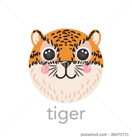 Tiger Cute portrait with name smiley cartoon round shape animal, isolated vector icon illustrations on white background Tiger Cute portrait with name smiley cartoon round shape animal, isolated vector icon illustrations on white background 86075731