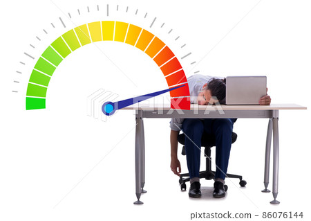 Businessman with meter measuring his stress level Businessman with meter measuring his stress level 86076144